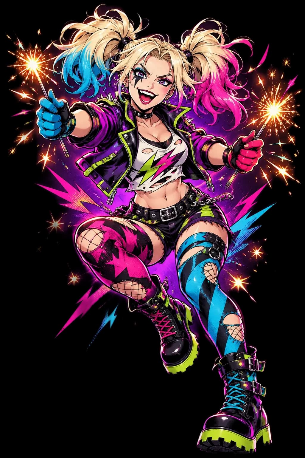 Ace Speed Fireworks female joker-inspired showwoman holding two sparklers